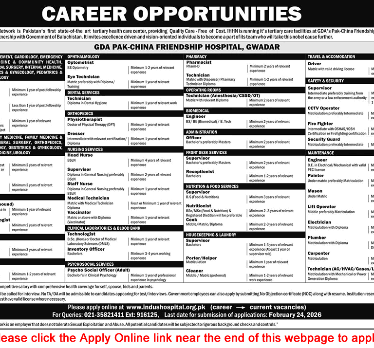 Indus Hospital Gwadar Jobs 2026 February Online Apply GDA Pak China Friendship Hospital Latest