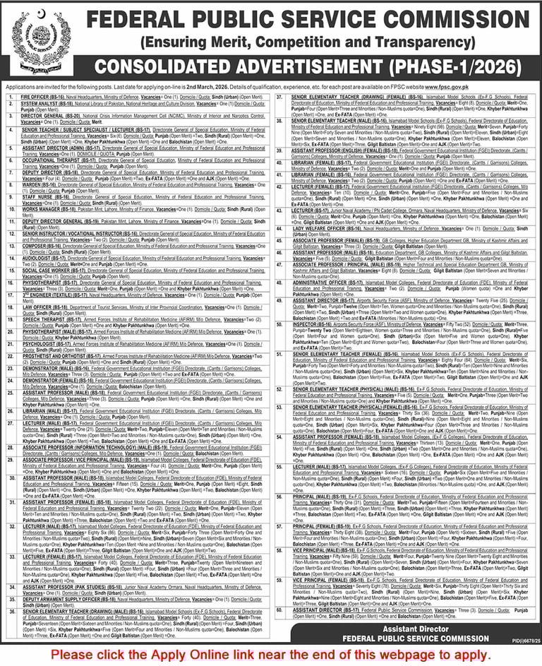 FPSC Jobs 2026 February Apply Online Consolidated Advertisement No 01/2026 1/2026 Latest