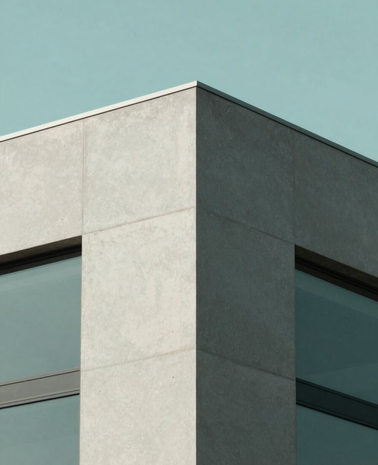 A minimalist architectural detail of a building corner against a clear sky. The composition is sharp and geometric, featuring textures of smooth concrete and glass. Incorporates #A7C5C3 and #1C2826 in the shadows and highlights. Professional, calm, and high-resolution photography.