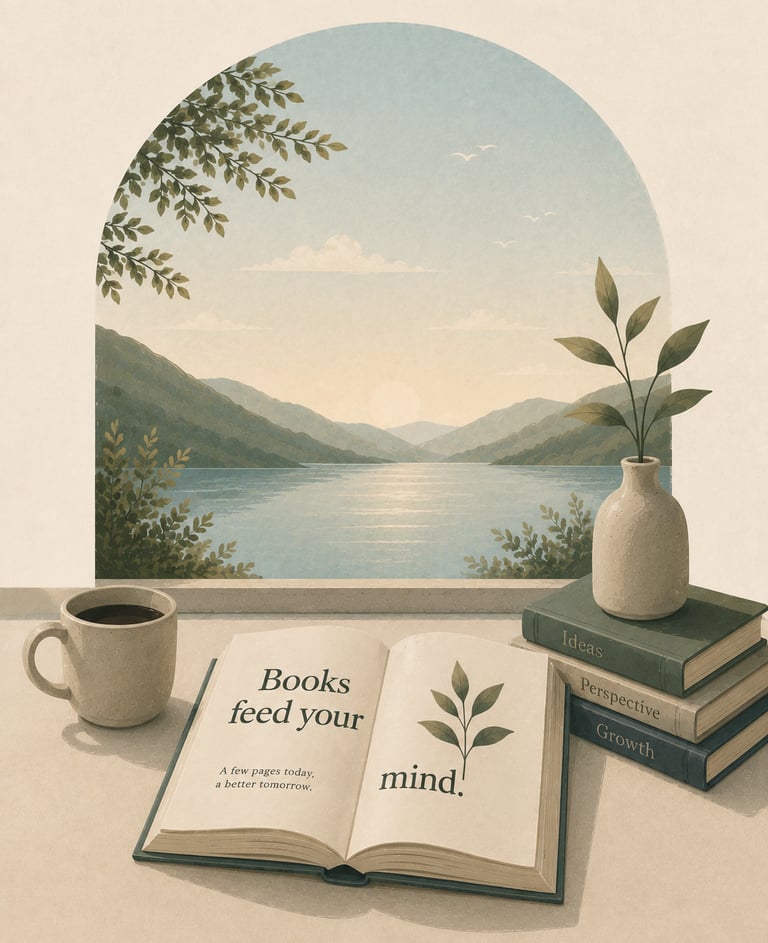 Open book, and stack of books beside a peaceful lake view, symbolising curiosity, lifelong learning