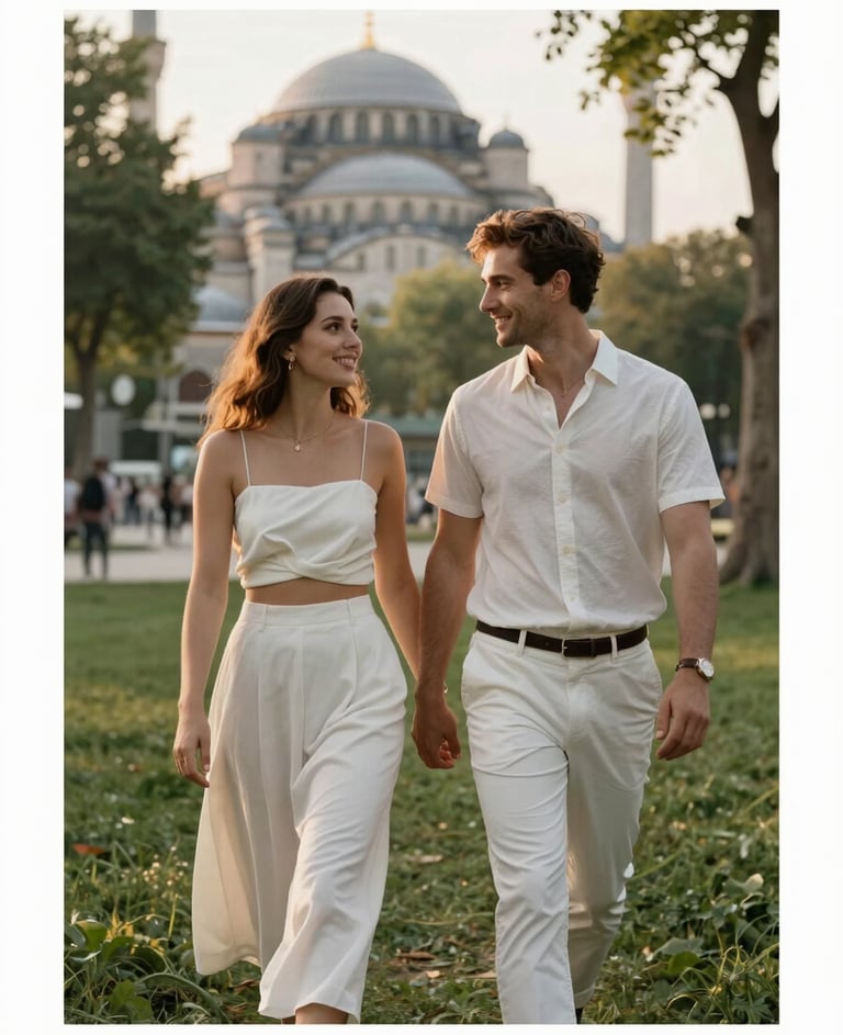 A romantic couple walking through a lush park in Istanbul, Turkey, for a Save the Date shoot. The scene is shot in soft morning light with warm gold highlights and off-white textures in their attire, minimalist and premium style.
