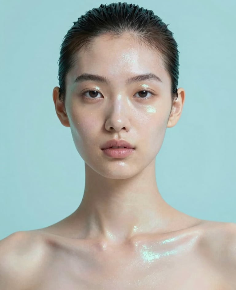 A striking high-resolution portrait of a futuristic model with iridescent skin details, clean studio lighting with soft shadows, minimalist background using colors #98C1D9 and #E0FBFC, representing AI photography innovation.