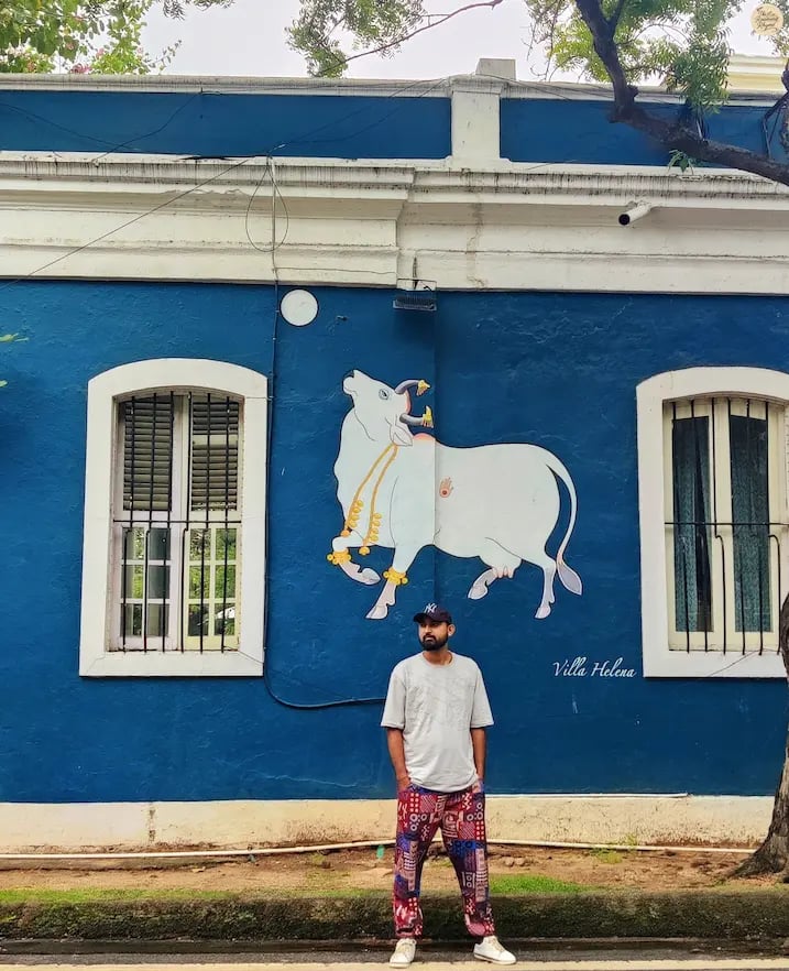 Colorful colonial houses in Pondicherry White Town.