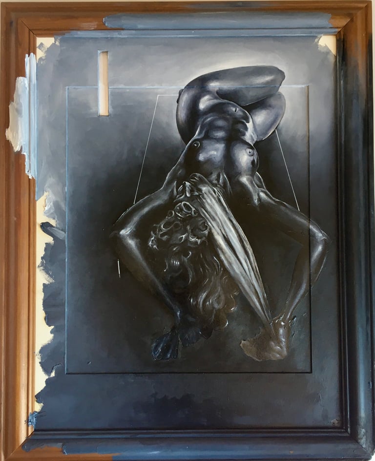 oil painting. Nude female lying on line drawn plinth, painted on canvas, mount and frame.