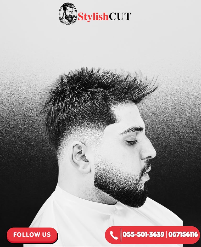 Trendy fade haircut with beard styling done at StylishCut Salon Sharjah – precision and clean finish