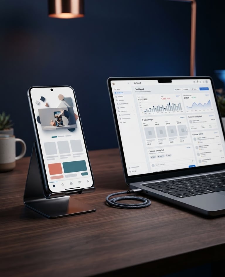 Wide panoramic digital device mockups, a laptop displaying an e-commerce dashboard on the right, a smartphone showing a sleek landing page on the left, subtle studio lighting with soft copper and blue ambient backlighting, sharp focus.