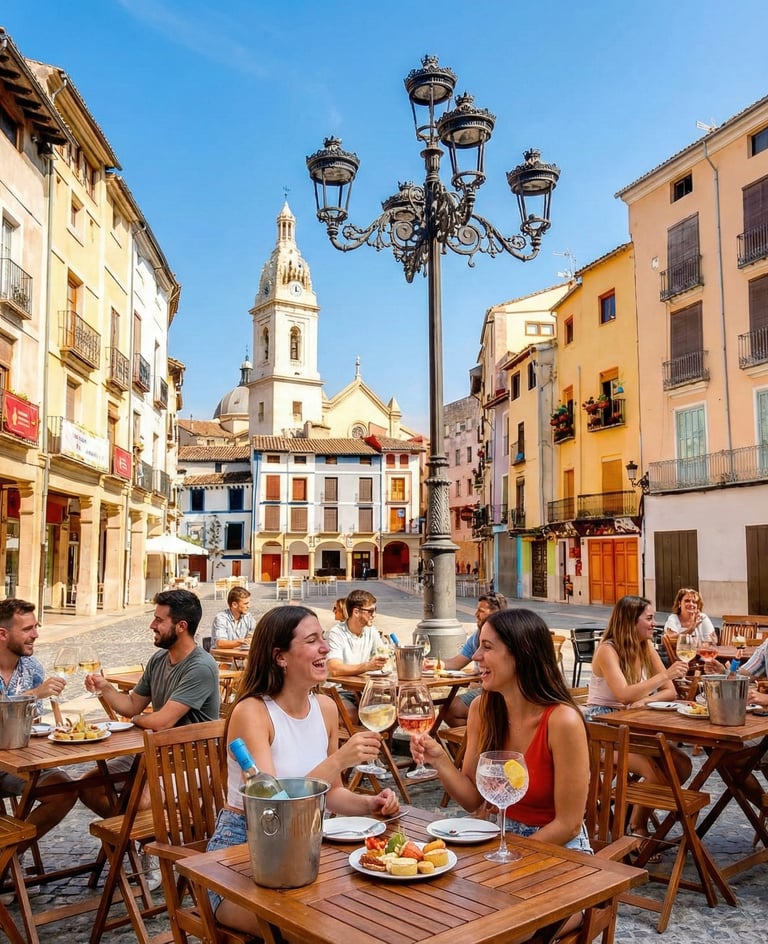 Gente disfrutando de copas de vino Cola de Gallo en una terraza de la Plaza del Mercat de Xàtiva, Va