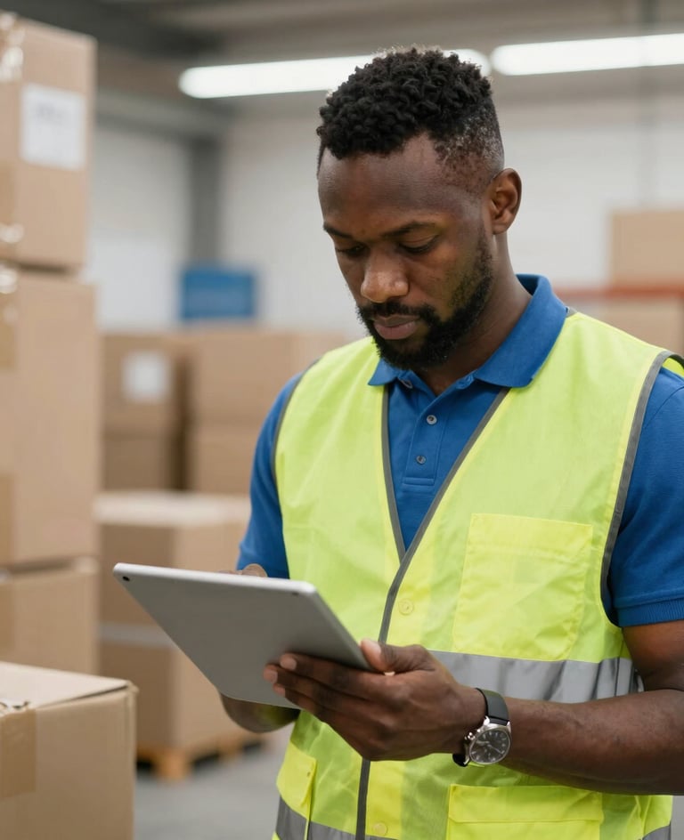 A worker using a tablet to manage inventory logistics in a Kanty shipping office.