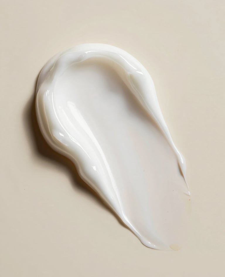 A macro photography shot of a thick, luxurious white skincare cream texture with soft ridges, set against a soft beige background in a high-end North American / US clinical laboratory setting. The lighting is soft and clinical, highlighting the viscosity and premium quality of the product.