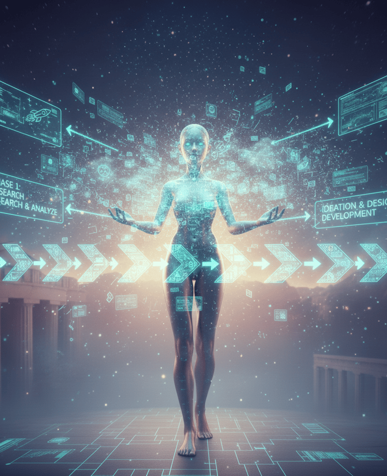 Female AI strategist organizing chaos into strategy; best AI course clarity.