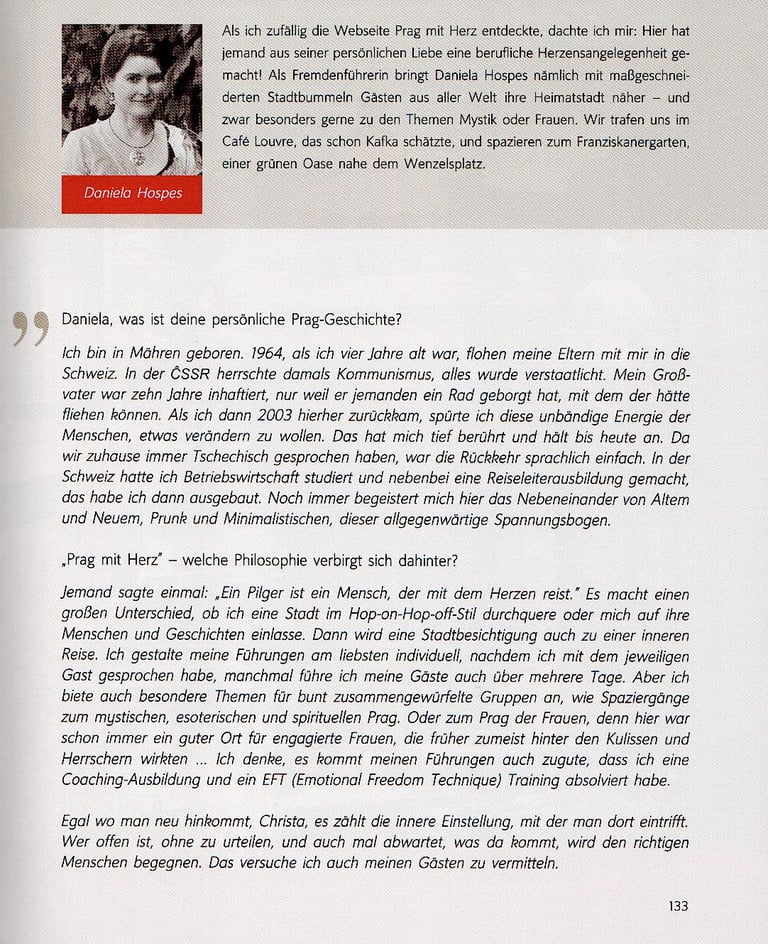 Text, Interview von Christa Klickermann mit Daniela Hospes, Reiseleiterin in Prag