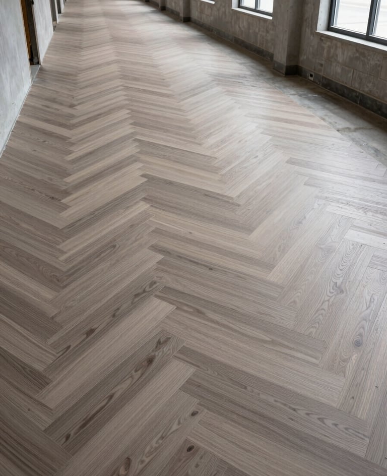 Wide-angle shot down a commercial corridor mid-installation, LVP planks laid in a herringbone pattern across two-thirds of the floor, raw concrete subfloor visible at the far end, overcast daylight from side windows casting even shadowless light, no people present