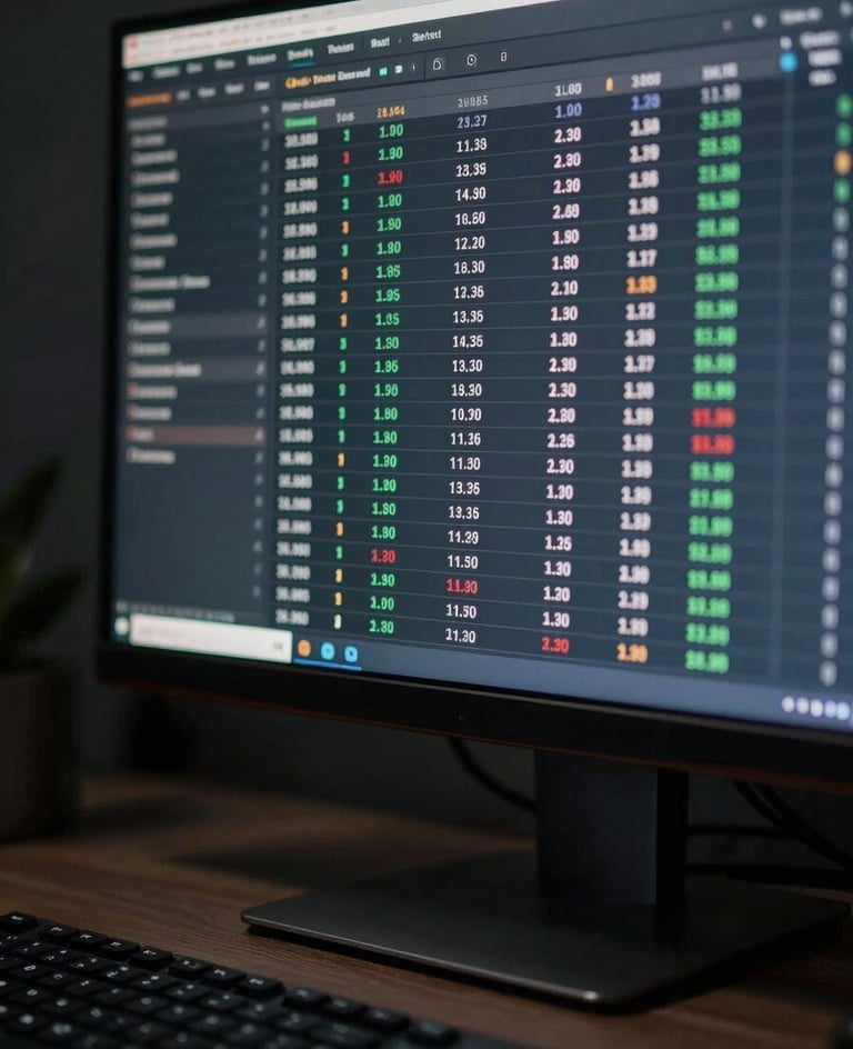 Extreme close-up of a financial dashboard on a wide monitor, columns of figures and a structured data table visible, cool studio lighting from the left, deep charcoal desk surface in the foreground, shallow depth of field
