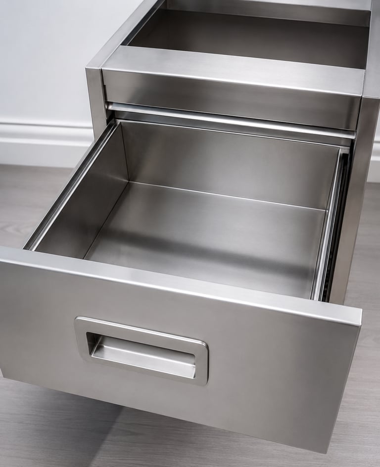 Stainless steel cabinet drawer with solid surface and integrated pull