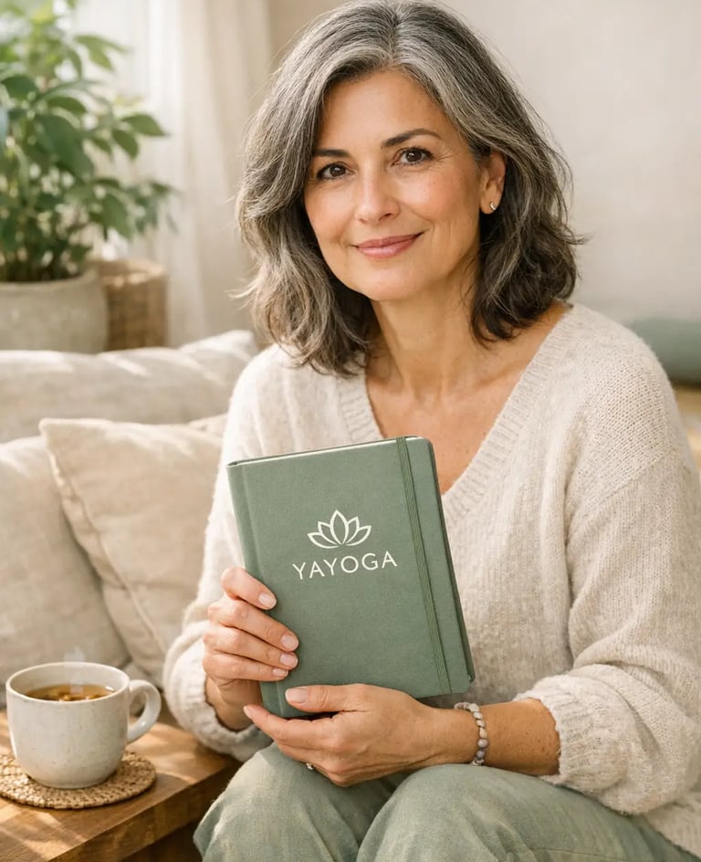 une femme avec une tablette yayoga qui souris en regarant je ne sais quoi !