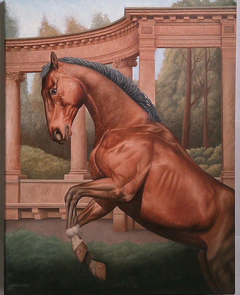 An oil painting of a horse rearing in an open space with a columned structure in the background.