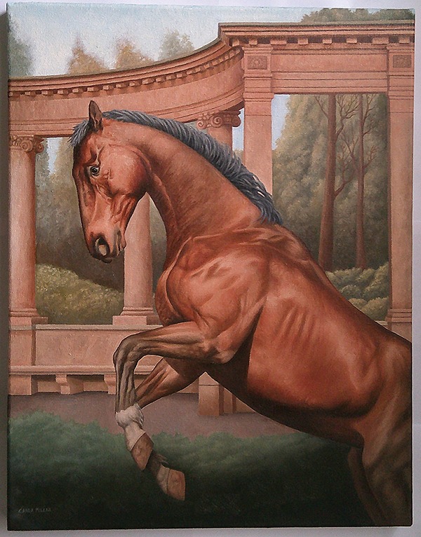 An oil painting of a horse rearing in a European park by pillars.
