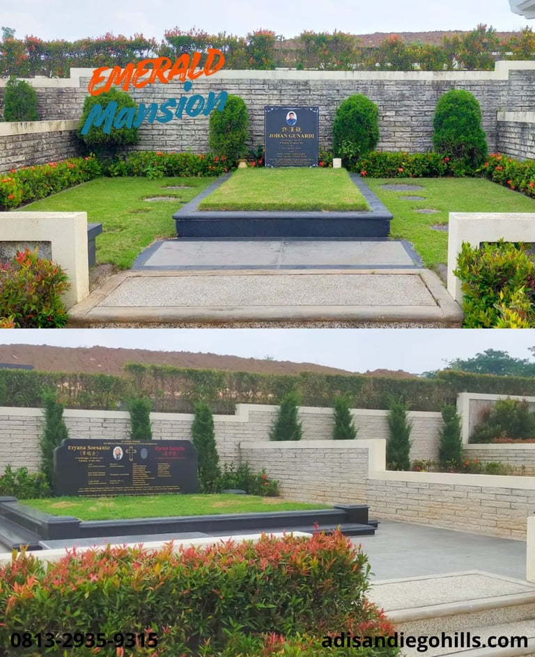 Area Emerald Mansion San Diego Hills dengan konsep makam private eksklusif, taman rapi dan premium