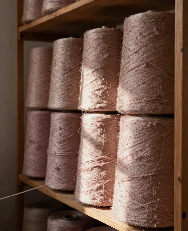 Wide studio interior, right-side framing — rolls of undyed linen stacked against a warm-brown wooden shelf, north-facing daylight washing across the raw fiber surface, a weaver's hands visible at the edge pulling a thread, muted dusty-rose and caramel tones, no color correction