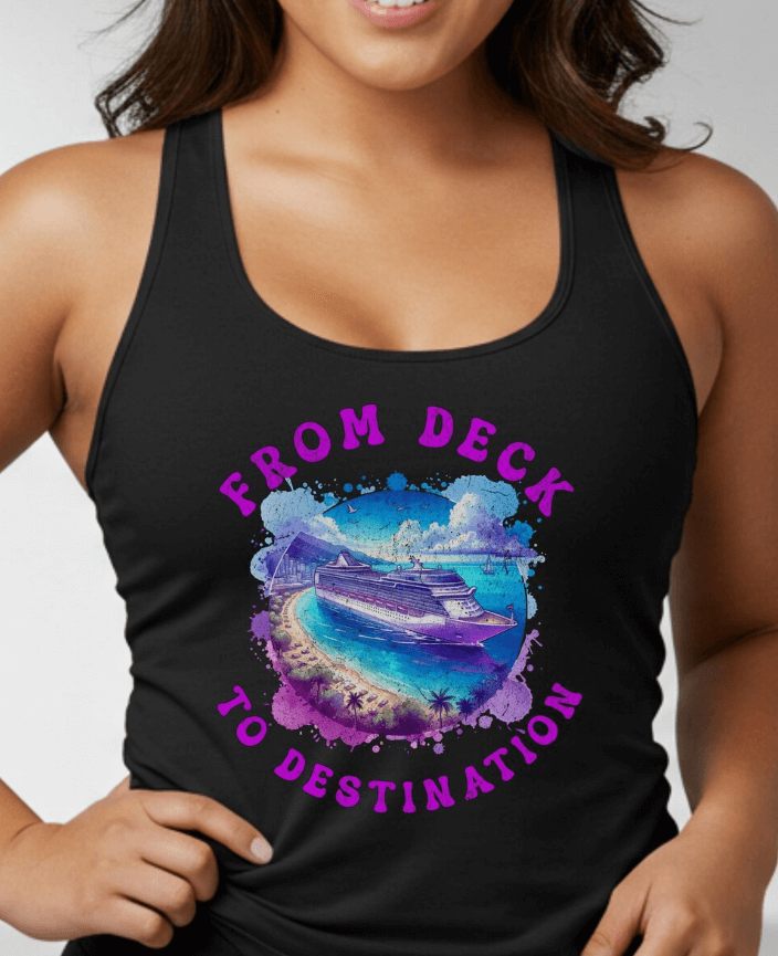 a woman in a tank top with a boat in the water