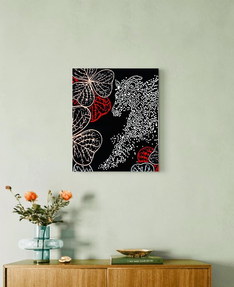 Modern abstract canvas wall art featuring a stippled horse and leaves on a black background.