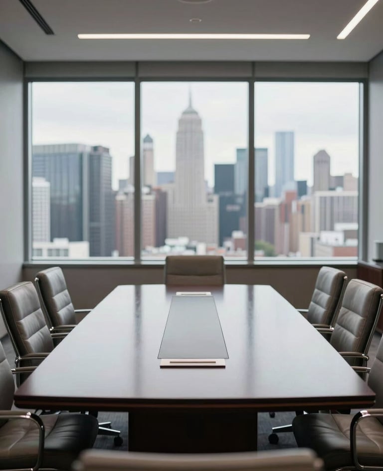 A sophisticated North American corporate boardroom overlooking a city skyline. The interior features a polished dark table, light grey accents, and professional leather seating, captured with a shallow depth of field for an authoritative look.