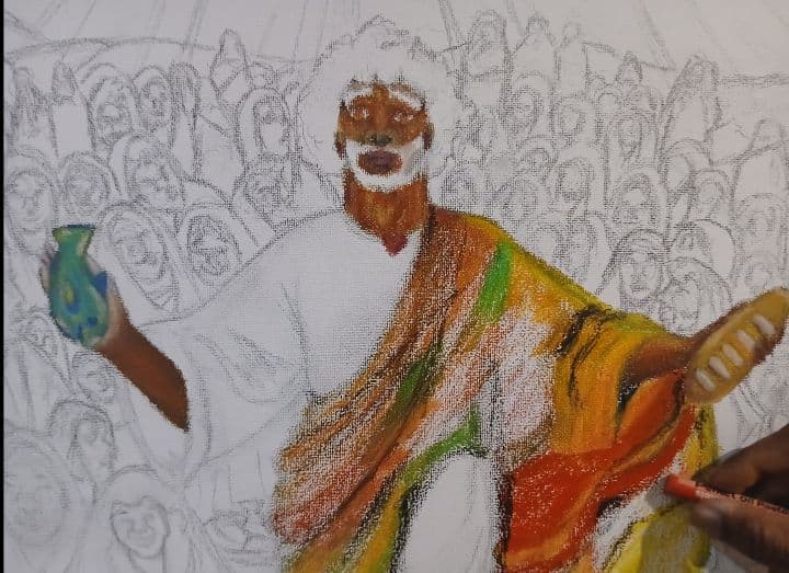 Oil pastel drawing of Jesus performing the miracle of loaves and fishes for a large crowd.