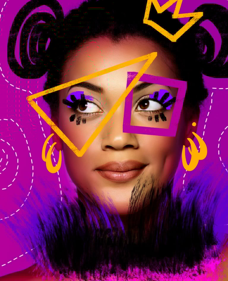 a woman with a crown on her head and abstract shapes