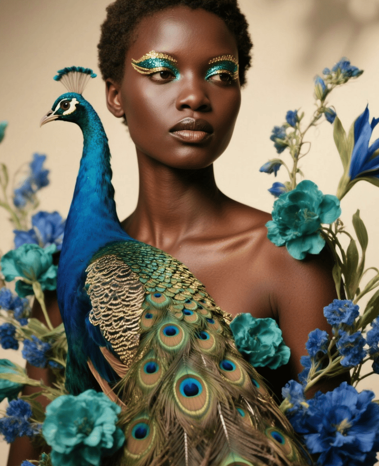 a woman with a peacock feathered headdress