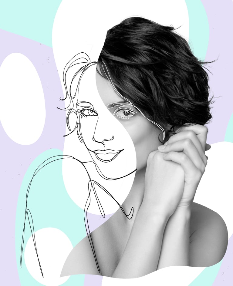 black and white photo of woman with abstract illustration