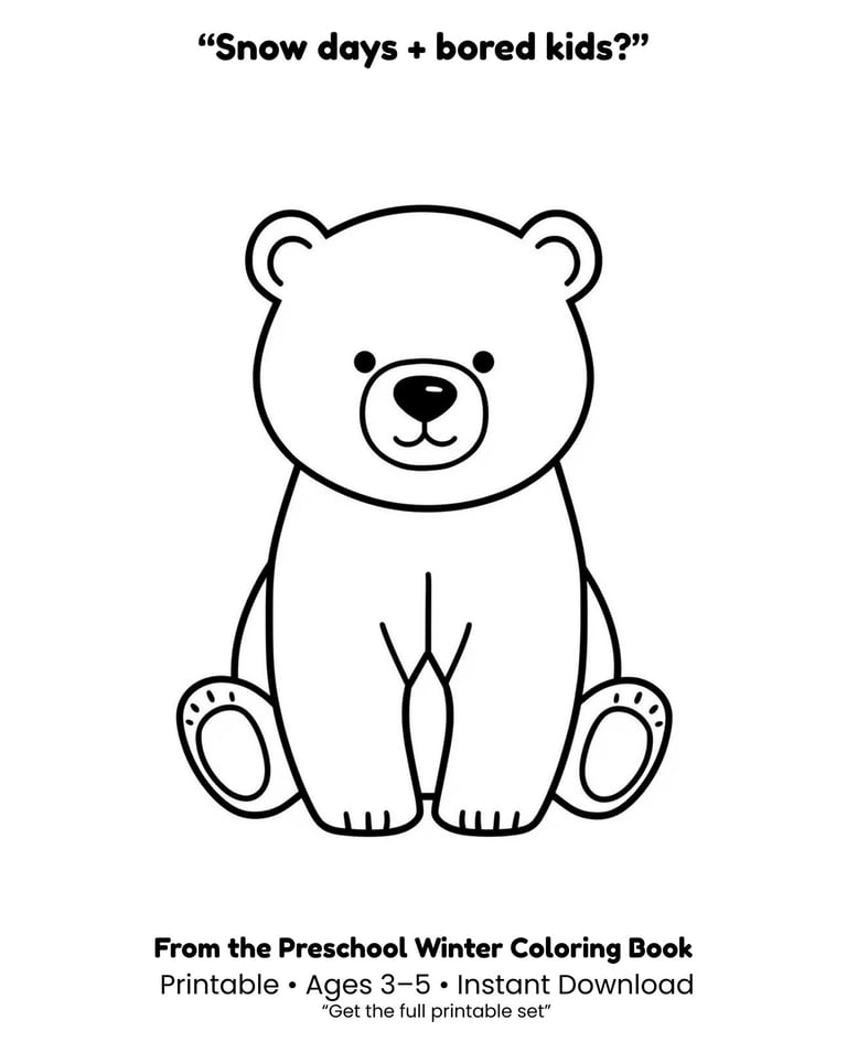 Printable polar bear coloring page for kids featuring a cute hand-drawn winter animal illustration.
