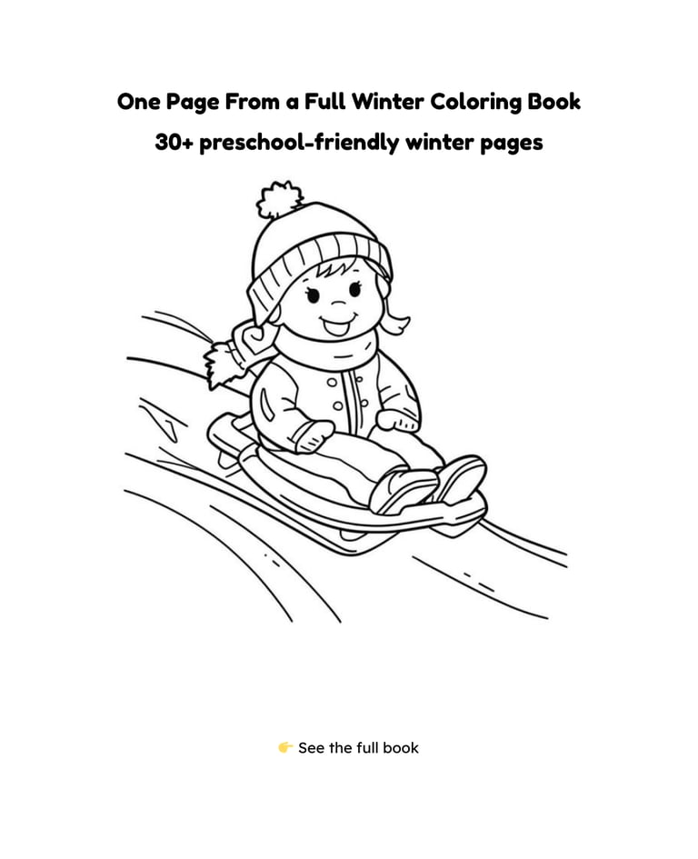 Preschool-friendly winter coloring page of a happy child sledding down a snowy hill.