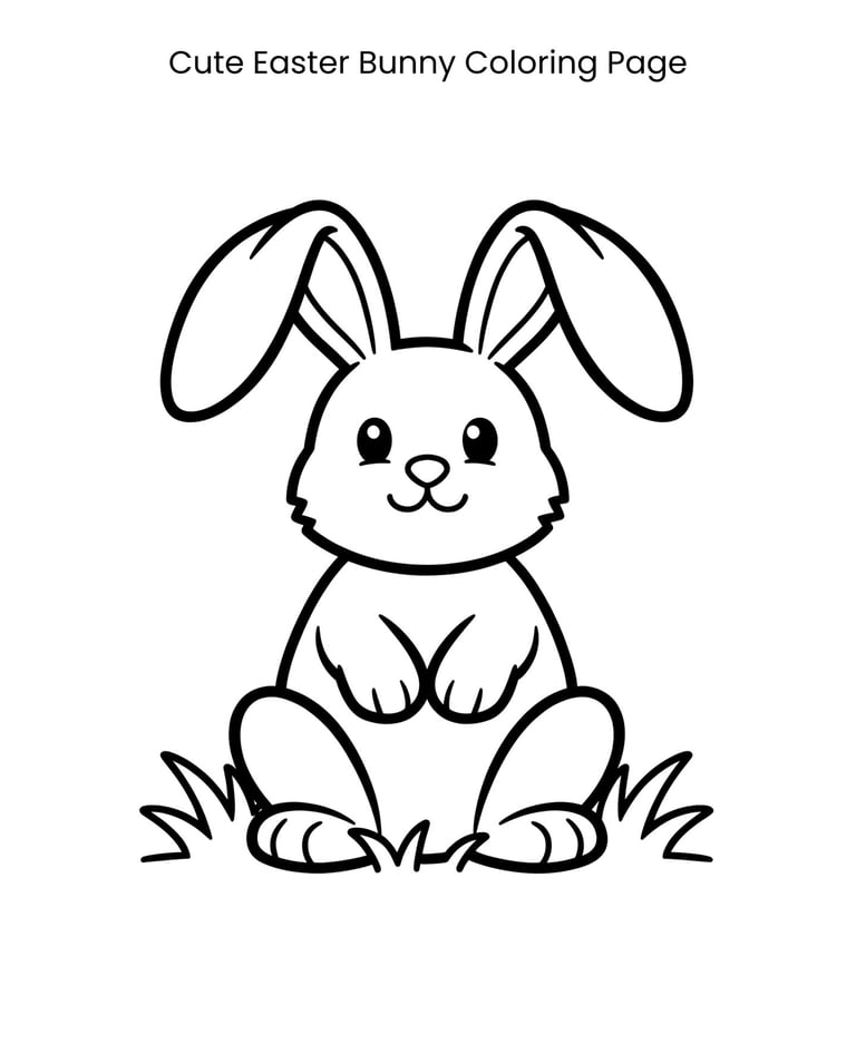 A cute Easter bunny coloring page for kids featuring a simple rabbit outline sitting in grass.