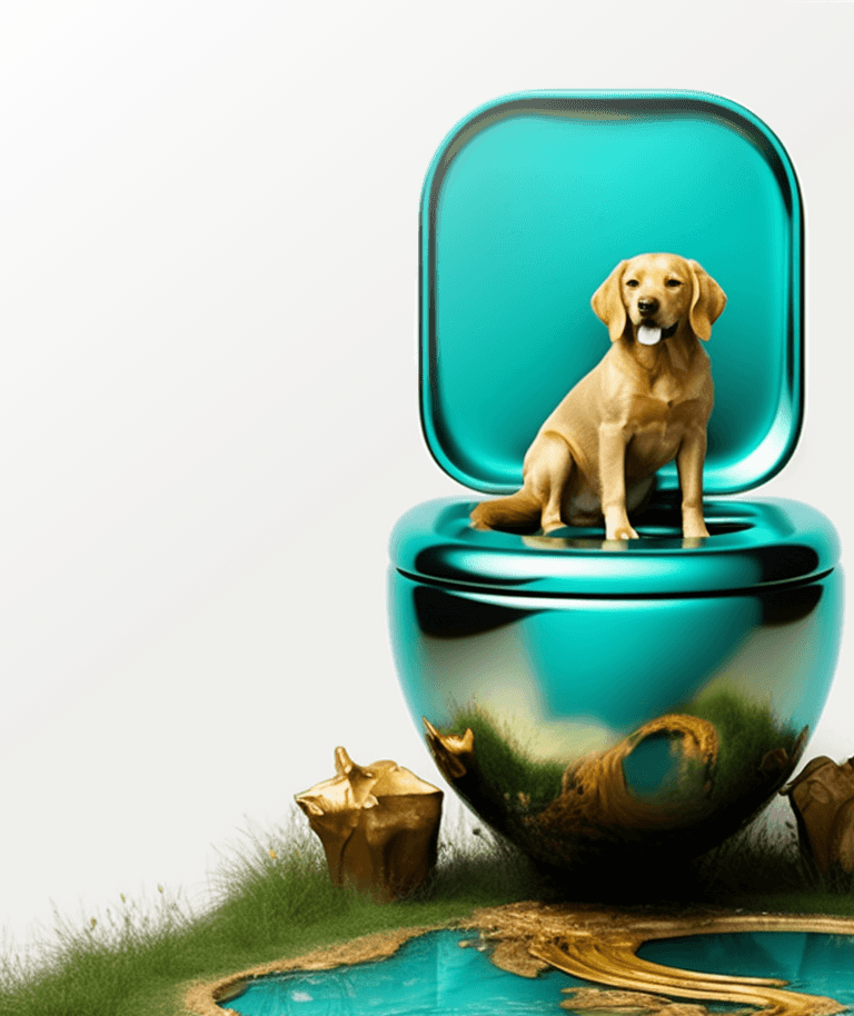 a dog sitting on a toilet with a blue lid