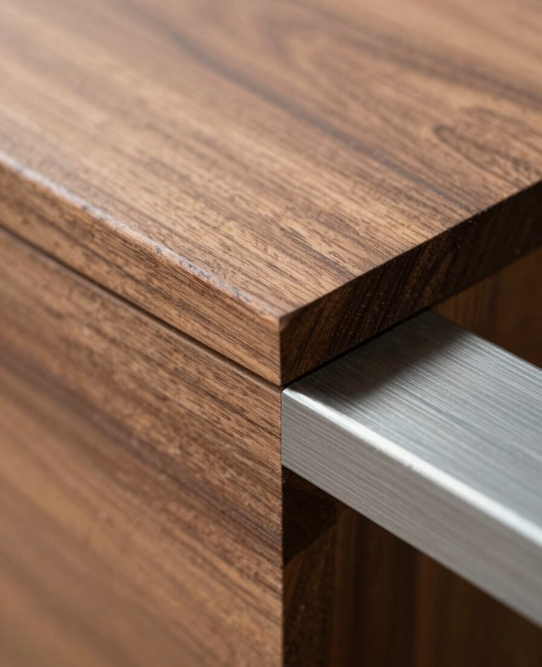 Extreme close-up of the junction between hand-planed walnut and a cold-rolled steel flat bar, cross-light from the left revealing grain direction and the precision of the routed channel, surface imperfections honest and unretouched, warm natural north-light studio
