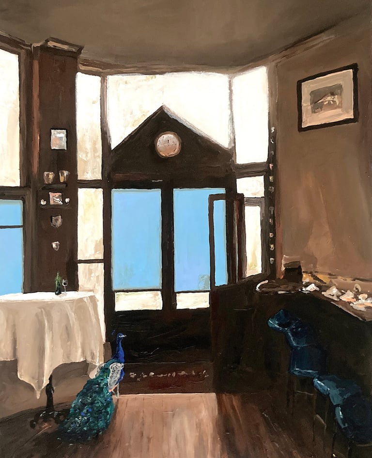 a painting of a peacock standing in the restaurant