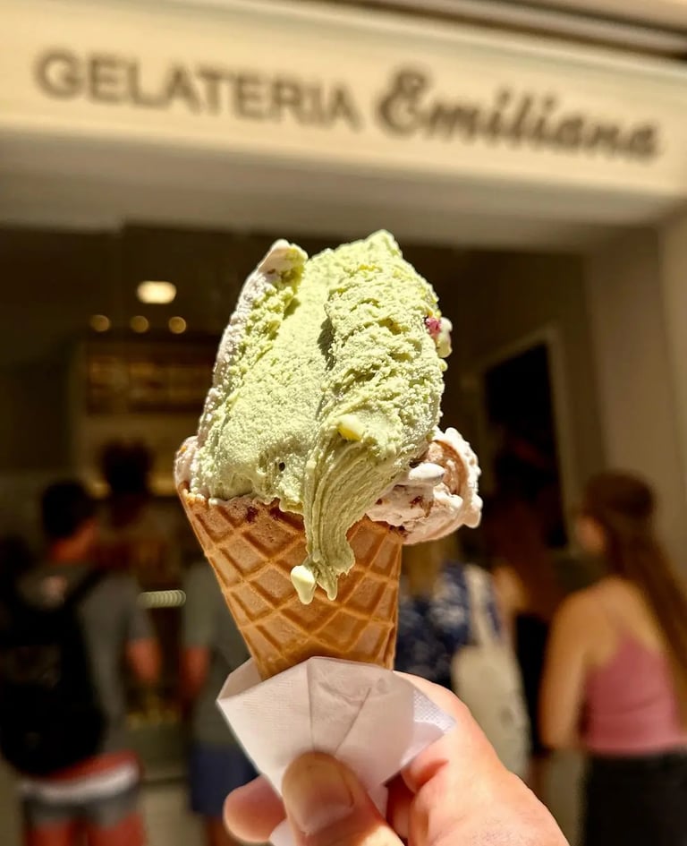 Ice cream cone in front of Emiliana Gelateria in the old town of Split