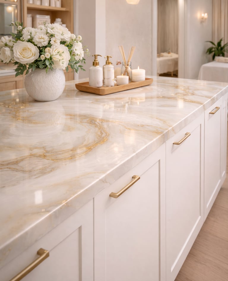 Custom epoxy spa countertop with soft metallic accents