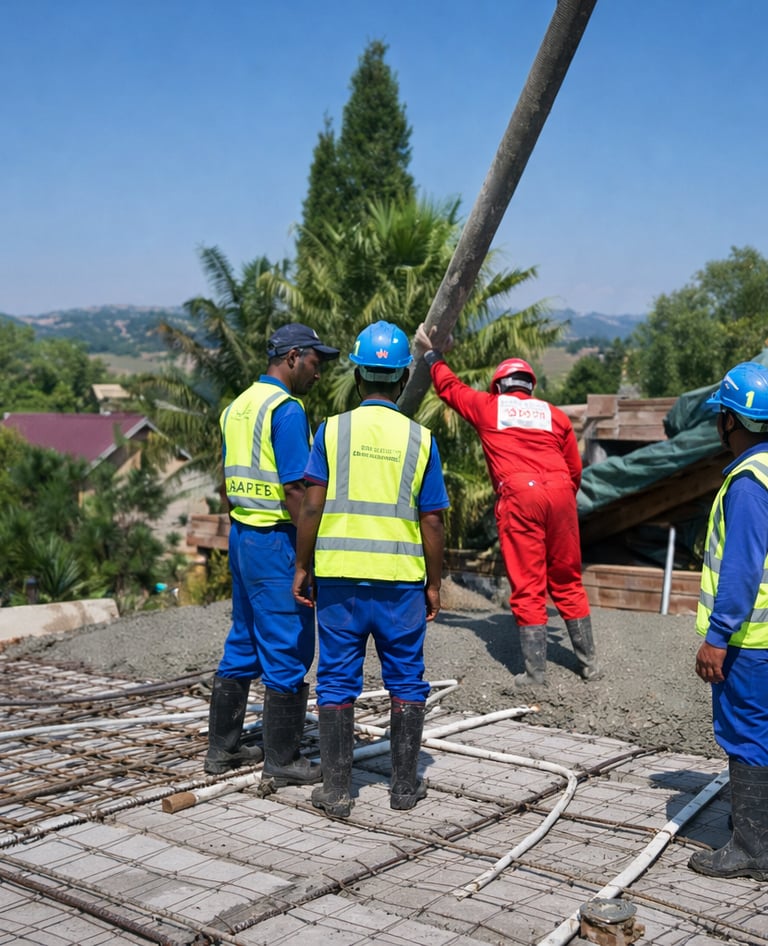 Construction workers in safety gear pouring concrete for a residential building foundation.
