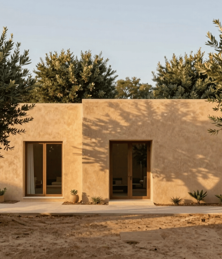 Rammed earth modern villa in Portugal surrounded by olive trees, golden hour warm sun-drenched facade, 35mm photography
