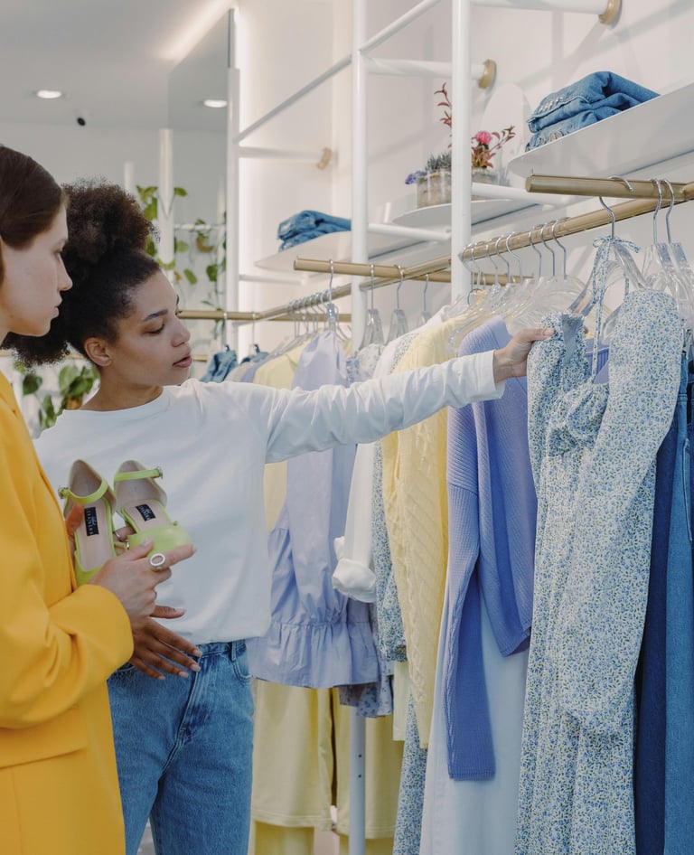 Consultora de imagem auxiliando cliente na escolha de roupas durante uma consultoria de compras.