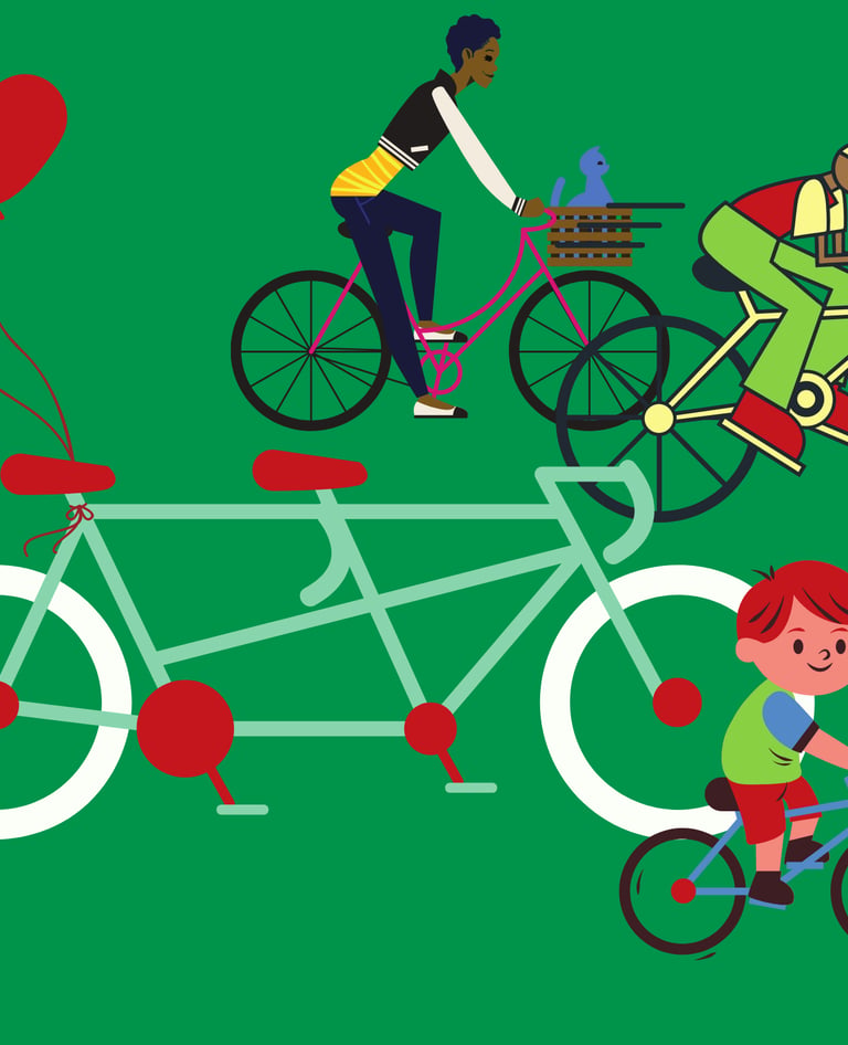 a man and woman riding bicycles with balloons