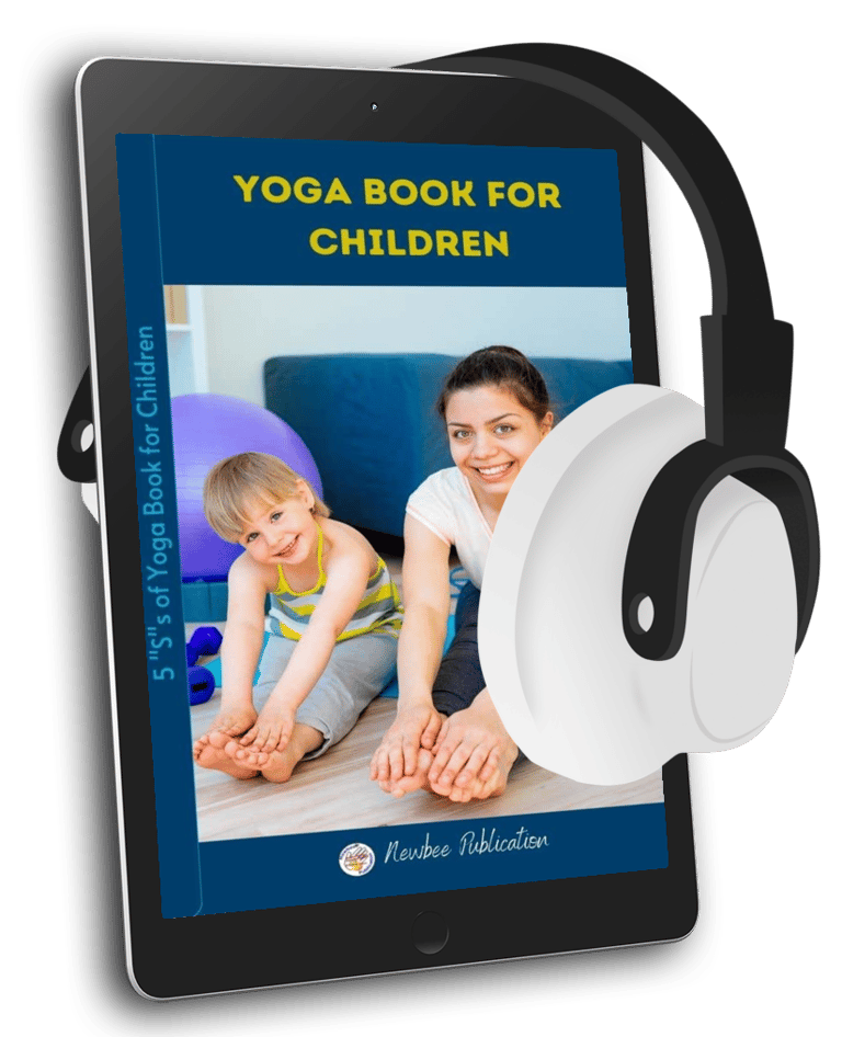 a tablet with headphones on it with a children's yoga book cover