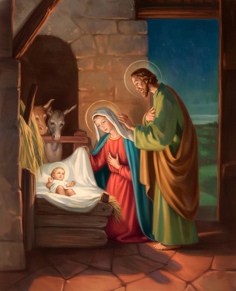 María y José con el niño Dios en el pesebre en la Página de voces de amor y vida