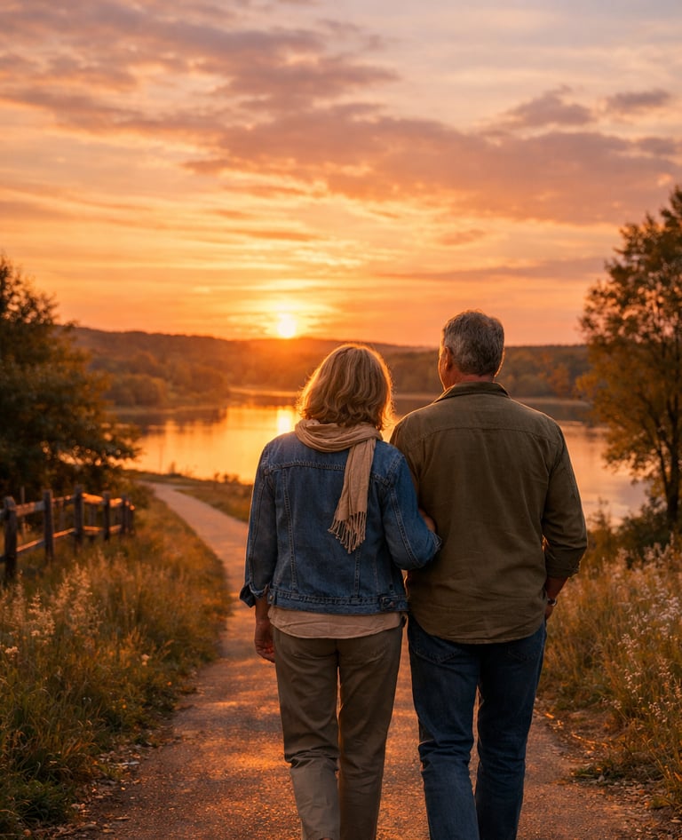 A senior couple walking on a trail by a lake at sunset, enjoying retirement and nature.