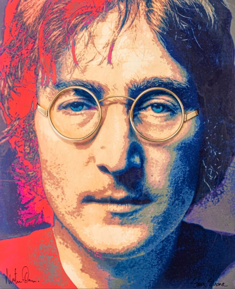 Pop art portrait of John Lennon with real 18-karat gold-plated glasses, created by Martin Osner and Simon Shone using colour