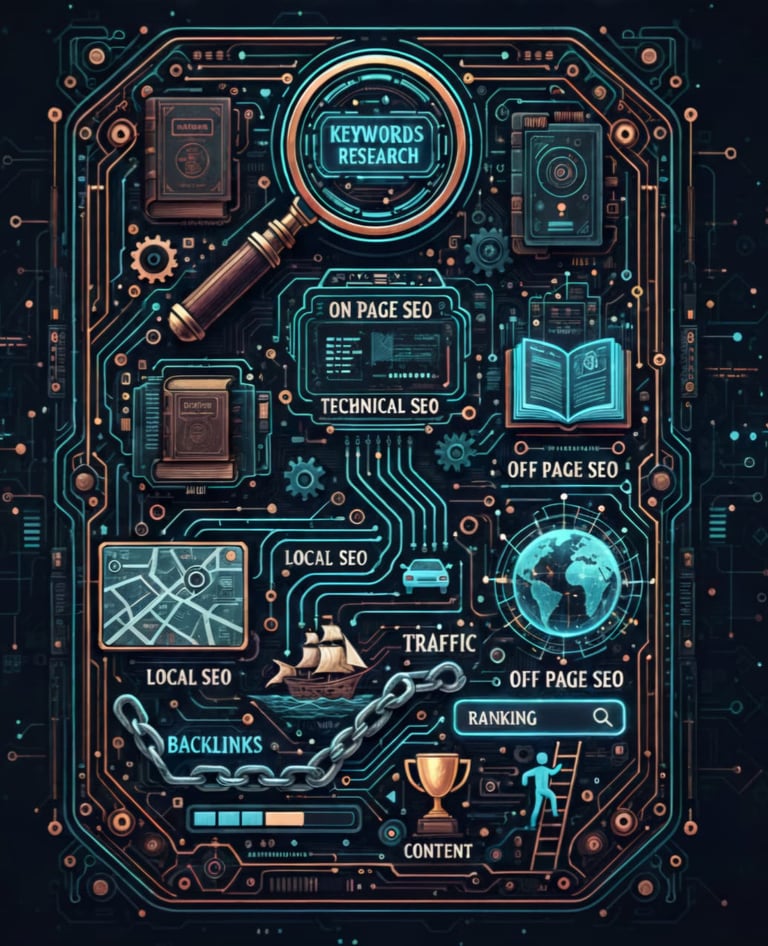 Core SEO services including on-page SEO, off-page SEO, technical SEO, and keyword research