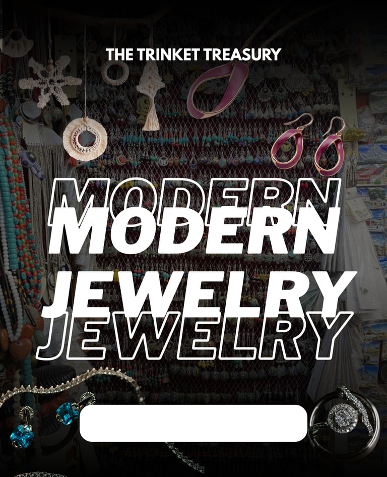The Trinket Treasury's modern jewelry featuring earrings, rings, and handcrafted accessories