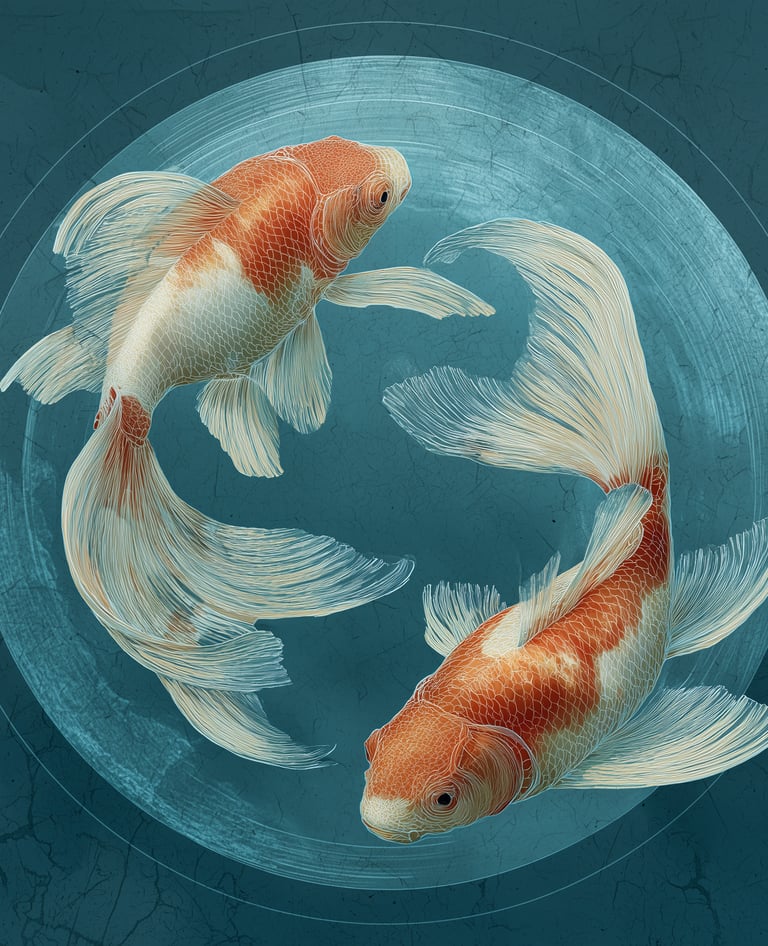 deux poissons orange et blanc se tournent autour dans l'océan