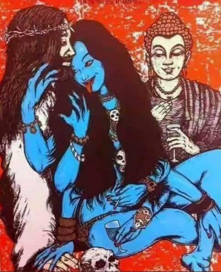 Sacrilegious art of Kali, Monk and Jesus partying 